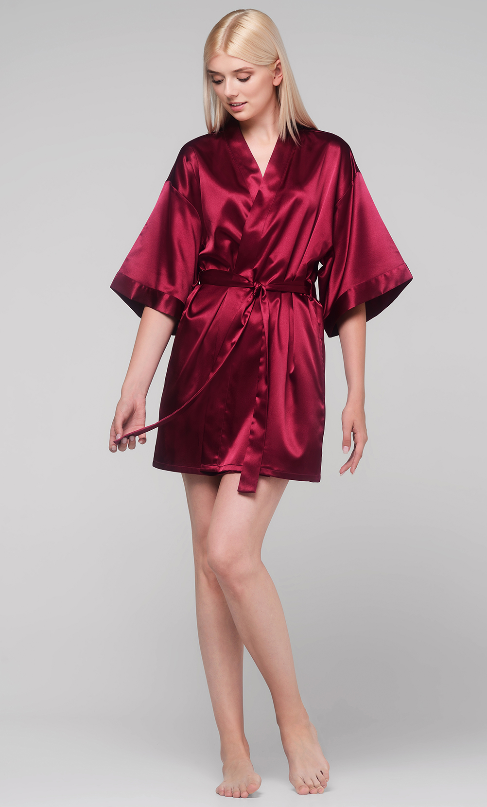 Wine Red Satin Kimono Short Robe-Robemart.com