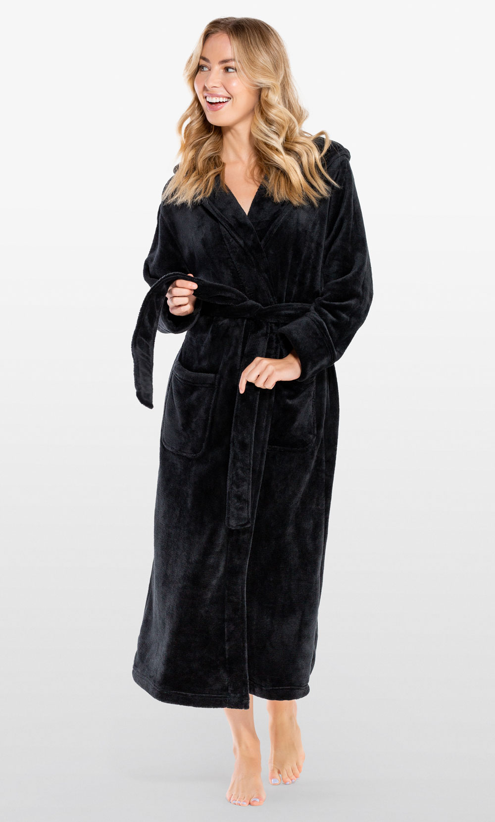 Super Soft Black Plush Hooded Women's Robe-Robemart.com