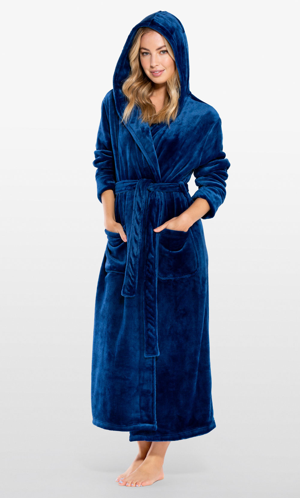 Super Soft Navy Blue Plush Hooded Women's Robe-Robemart.com