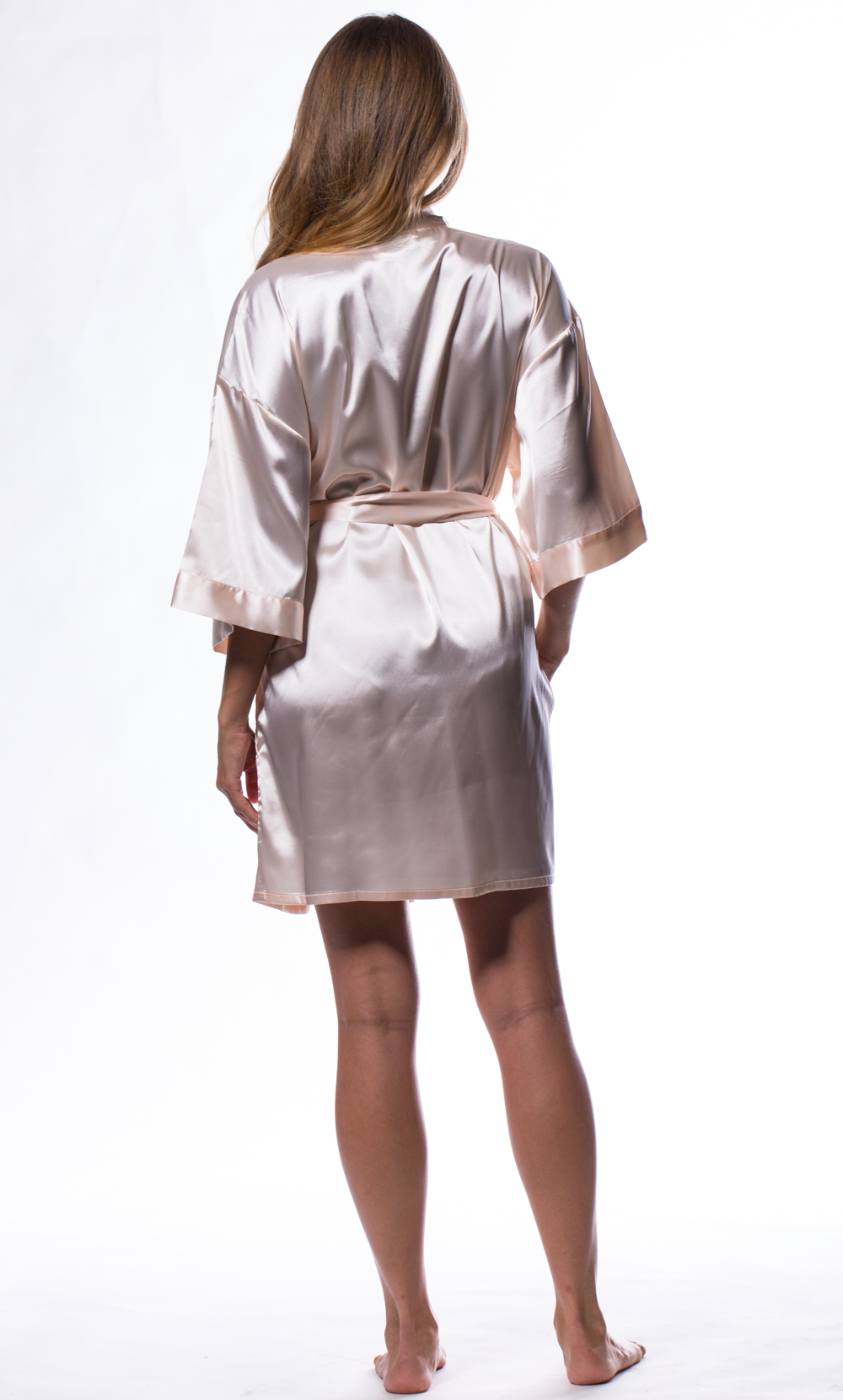 White Peach Satin Kimono Short Robe-Robemart.com