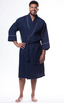 Waffle Shawl Long Robe Square Pattern Navy Blue-Robemart.com