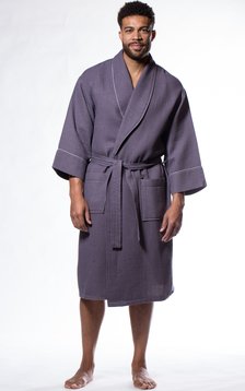 Waffle Shawl Long Robe Square Pattern Charcoal Gray-Robemart.com