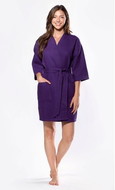 Waffle Kimono Purple Short Robe Square Pattern-Robemart.com