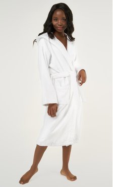 100% Turkish Cotton White Heavy Weight Hooded Terry Bathrobe-Robemart.com