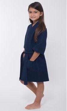 Navy Blue Waffle Kimono Kid's Robe-Robemart.com