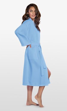 Waffle Kimono Serenity Blue Long Robe Square Pattern-Robemart.com