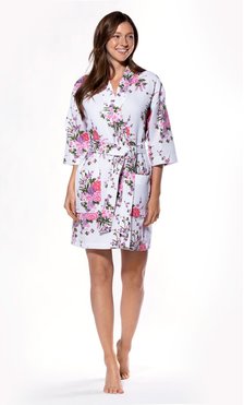 Waffle Kimono White Floral Short Robe Square Pattern-Robemart.com