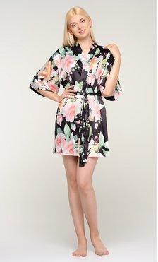 Black Carmen Floral Satin Kimono Short Robe-Robemart.com