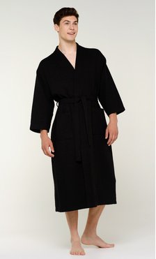 100% Turkish Cotton Black Waffle Kimono Robe-Robemart.com