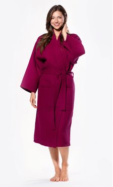 Waffle Kimono Wine Red Long Robe Square Pattern-Robemart.com
