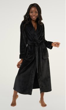 Black Plush Soft Warm Fleece Womens Robe-Robemart.com