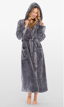 Super Soft Gray Plush Hooded Women's Robe-Robemart.com