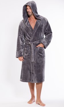 Men's Gray Plush Soft Warm Fleece Bathrobe with Hood, Comfy Men's Robe-Robemart.com