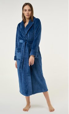 Navy Blue Plush Soft Warm Fleece Womens Robe-Robemart.com