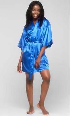 Royal Blue Satin Kimono Short Robe-Robemart.com