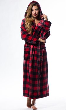 Super Soft Redplaid Plush Hooded Women's Robe-Robemart.com