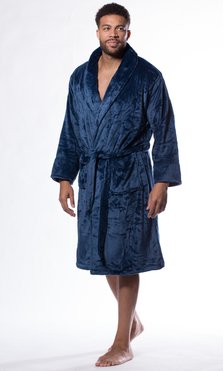 Navy Blue Super Soft Tahoe Microfleece Shawl Collar Robe-Robemart.com