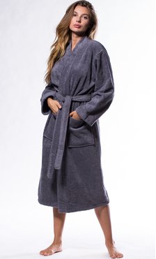 100% Turkish Cotton Gray Terry Kimono Bathrobe-Robemart.com