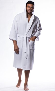 Waffle Hooded Long Robe Square Pattern White-Robemart.com