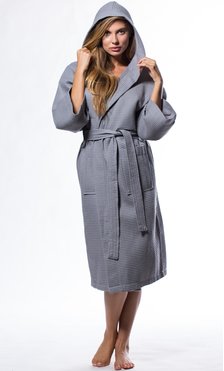 Waffle Hooded Long Robe Square Pattern Gray-Robemart.com