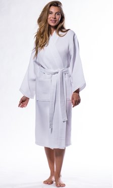 Waffle Kimono White Long Robe Square Pattern-Robemart.com