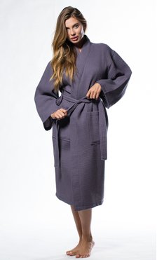 Waffle Kimono Charcoal Long Robe Square Pattern-Robemart.com