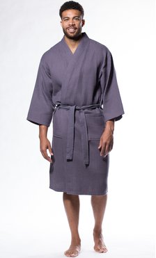 Waffle Kimono Charcoal Long Robe Square Pattern-Robemart.com