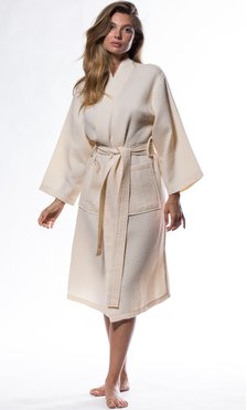 Waffle Kimono Beige Long Robe Square Pattern-Robemart.com