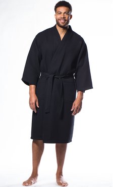 Waffle Kimono Black Long Robe Square Pattern-Robemart.com