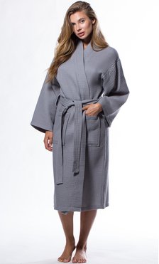 Waffle Kimono Gray Long Robe Square Pattern-Robemart.com