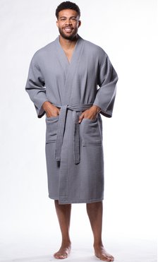 Waffle Kimono Gray Long Robe Square Pattern-Robemart.com