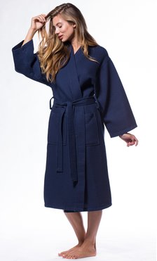 Waffle Kimono Navy Blue Long Robe Square Pattern-Robemart.com
