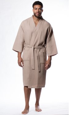 Waffle Kimono Taupe Long Robe Square Pattern-Robemart.com