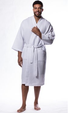 Waffle Kimono White Long Robe Square Pattern-Robemart.com