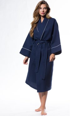 Waffle Shawl Long Robe Square Pattern Navy Blue-Robemart.com