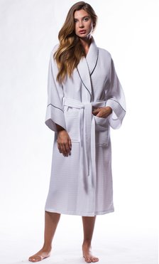 Waffle Shawl Long Robe Square Pattern White-Robemart.com