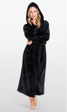 Super Soft Black Plush Hooded Women's Robe-Robemart.com