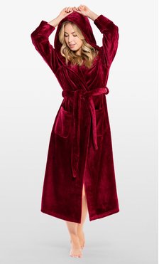 Super Soft Burgundy Plush Hooded Women's Robe-Robemart.com