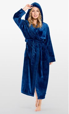 Super Soft Navy Blue Plush Hooded Women's Robe-Robemart.com