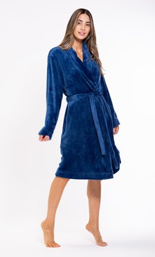 Super Soft Navy Blue Lightweight Plush Shawl Short Women's Robe-Robemart.com