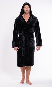 Men's Black Plush Soft Warm Fleece Bathrobe with Hood, Comfy Men's Robe-Robemart.com