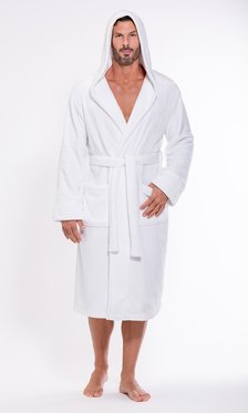 Men's White Plush Soft Warm Fleece Bathrobe with Hood, Comfy Men's Robe-Robemart.com